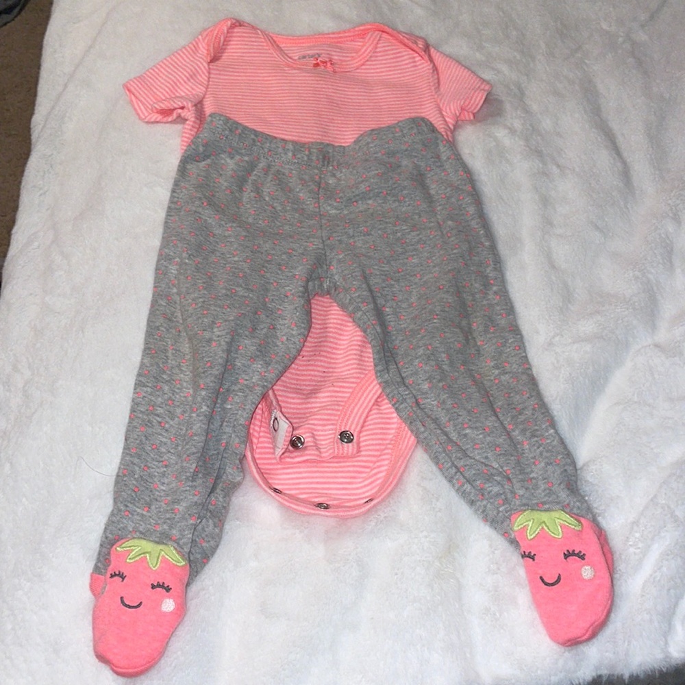 Carter size 9 month strawberry pants with straight pink and white onesie